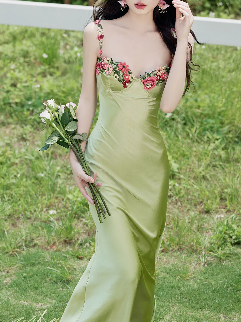 1930S Green Flower Embroidered Lace Angel Spaghetti Strap Satin Dress