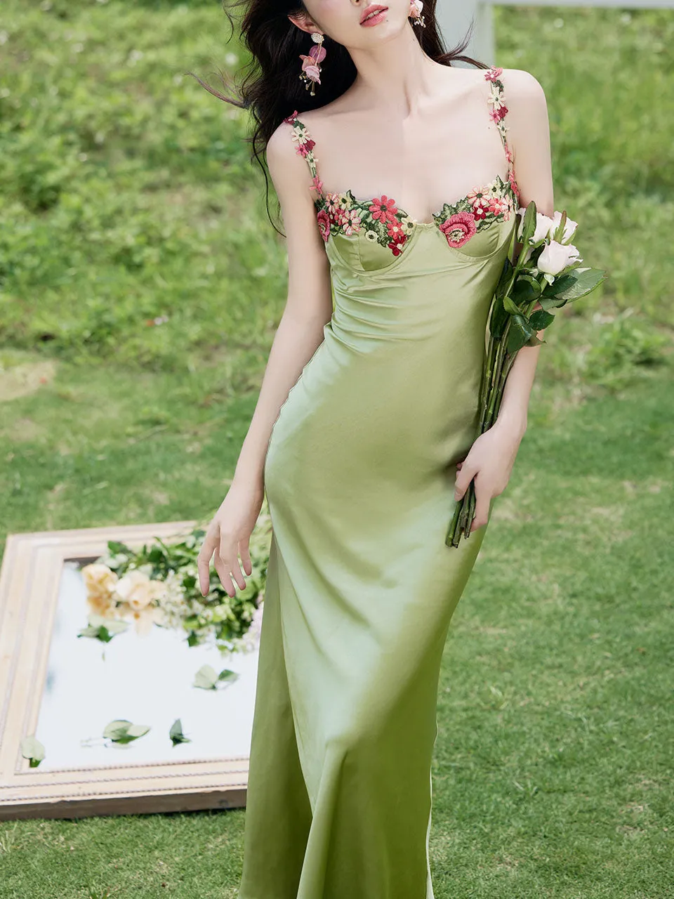 1930S Green Flower Embroidered Lace Angel Spaghetti Strap Satin Dress