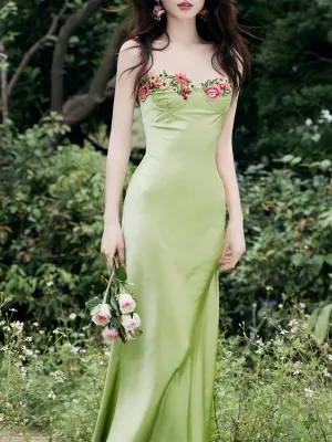1930S Green Flower Embroidered Lace Angel Spaghetti Strap Satin Dress