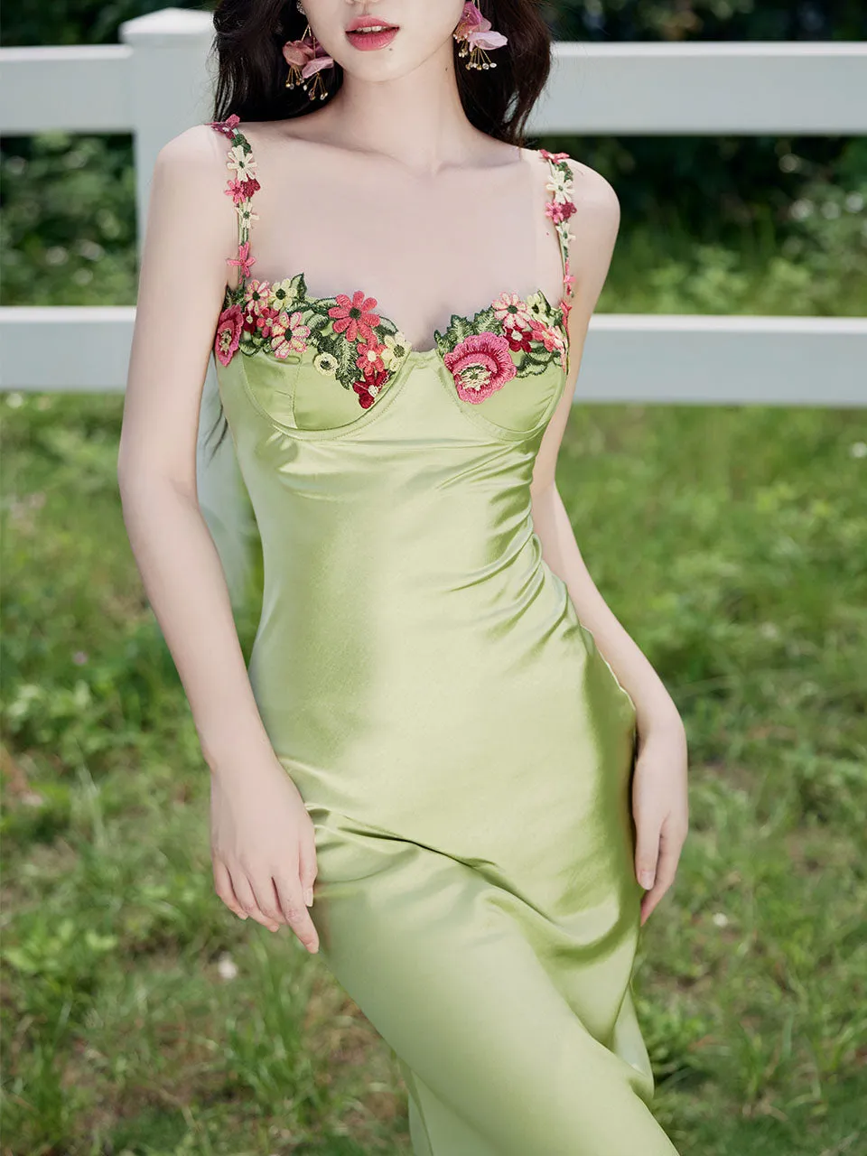 1930S Green Flower Embroidered Lace Angel Spaghetti Strap Satin Dress