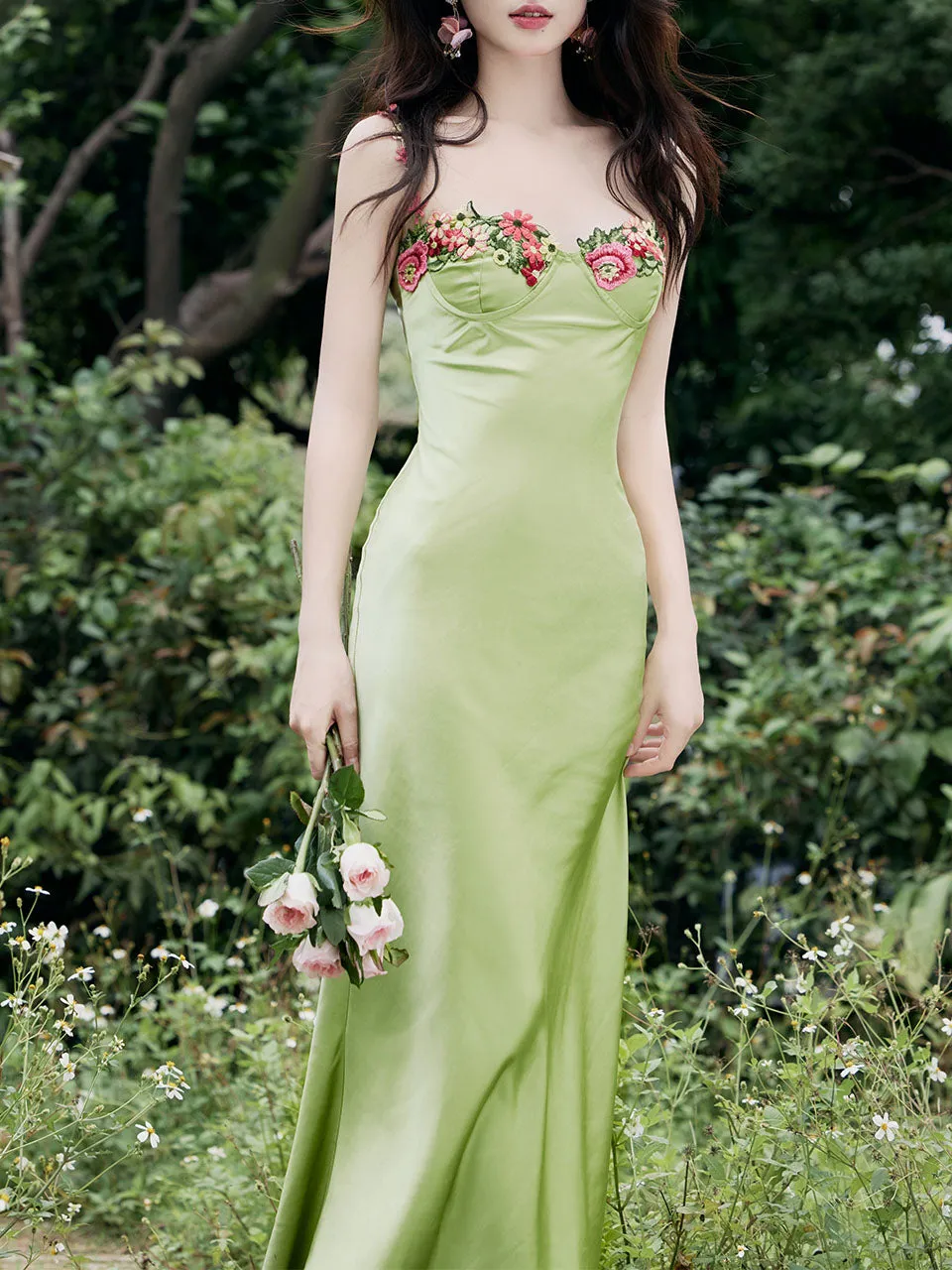 1930S Green Flower Embroidered Lace Angel Spaghetti Strap Satin Dress