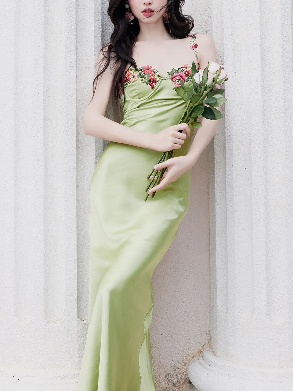 1930S Green Flower Embroidered Lace Angel Spaghetti Strap Satin Dress