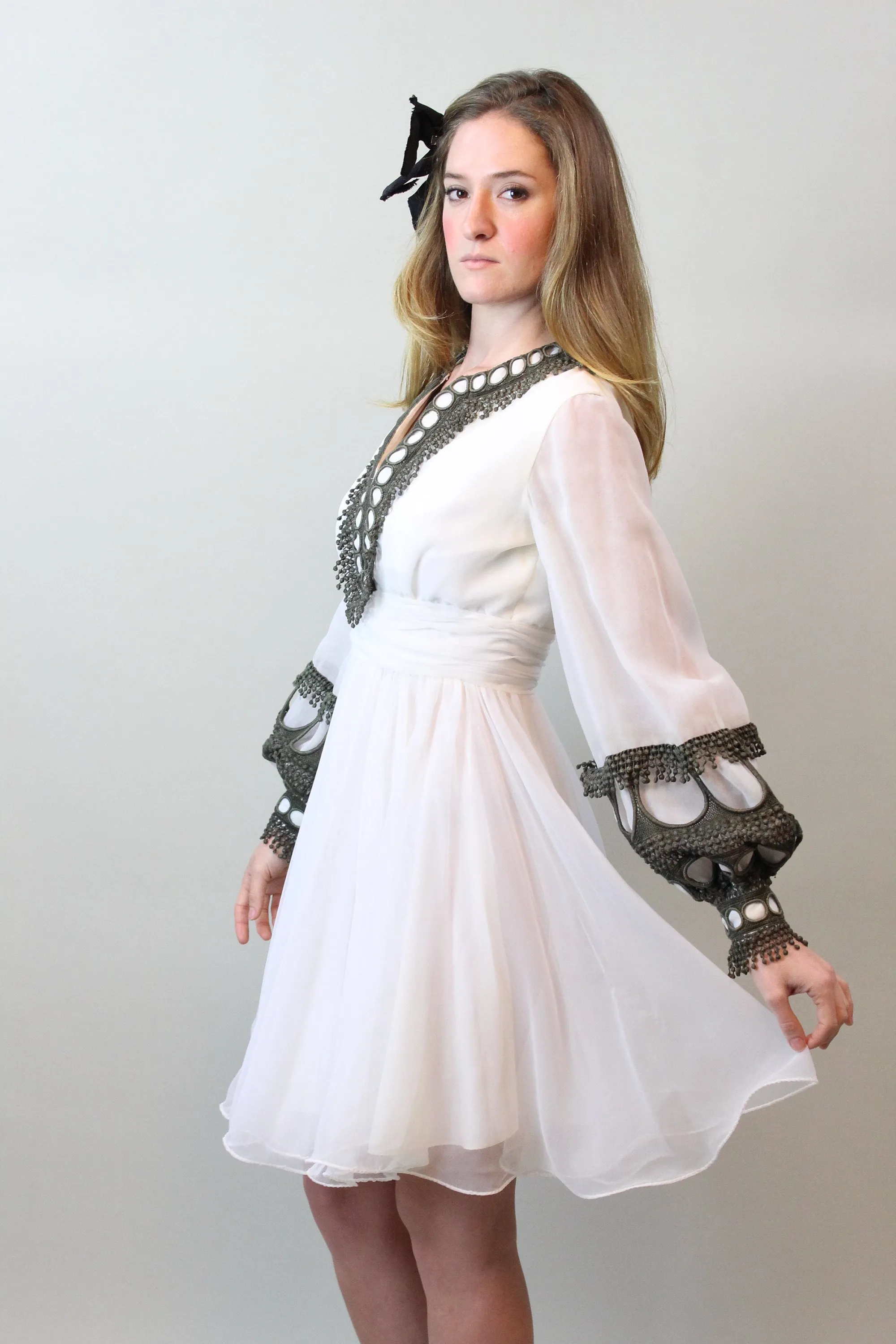 1960s MISS ELLIETTE chiffon BALLOON sleeves dress xs | new spring summer