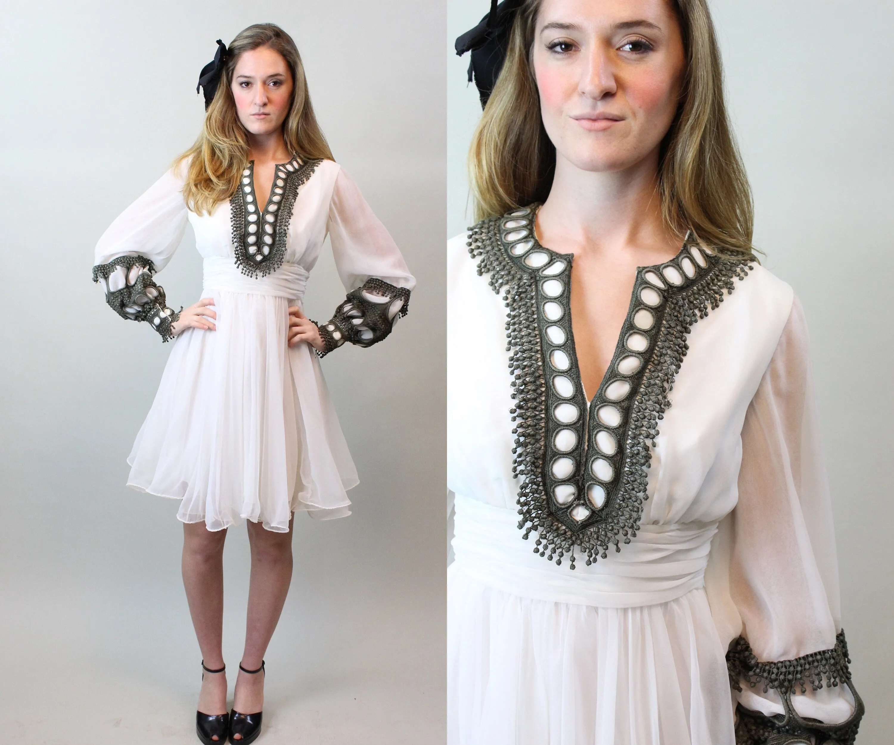 1960s MISS ELLIETTE chiffon BALLOON sleeves dress xs | new spring summer