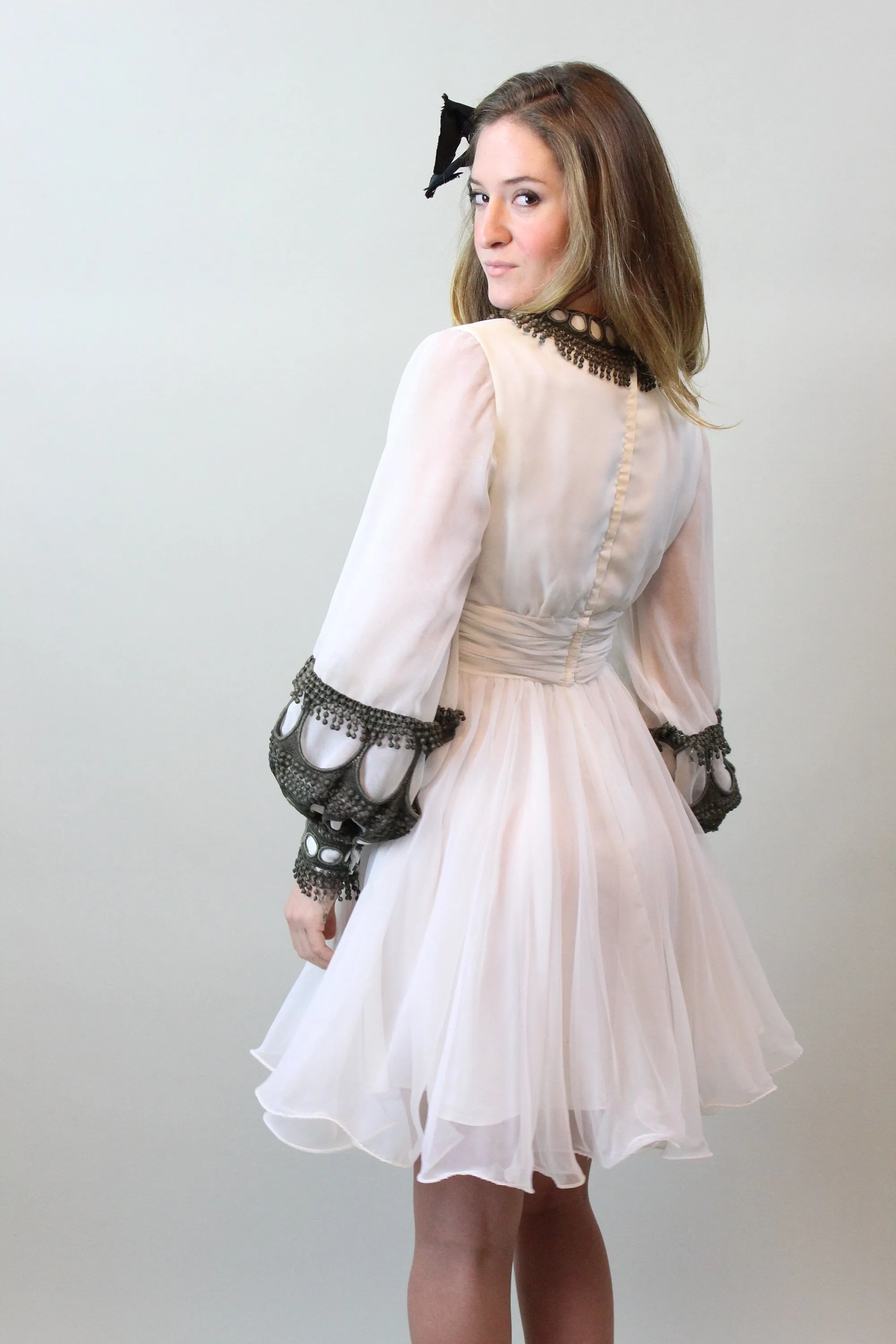 1960s MISS ELLIETTE chiffon BALLOON sleeves dress xs | new spring summer