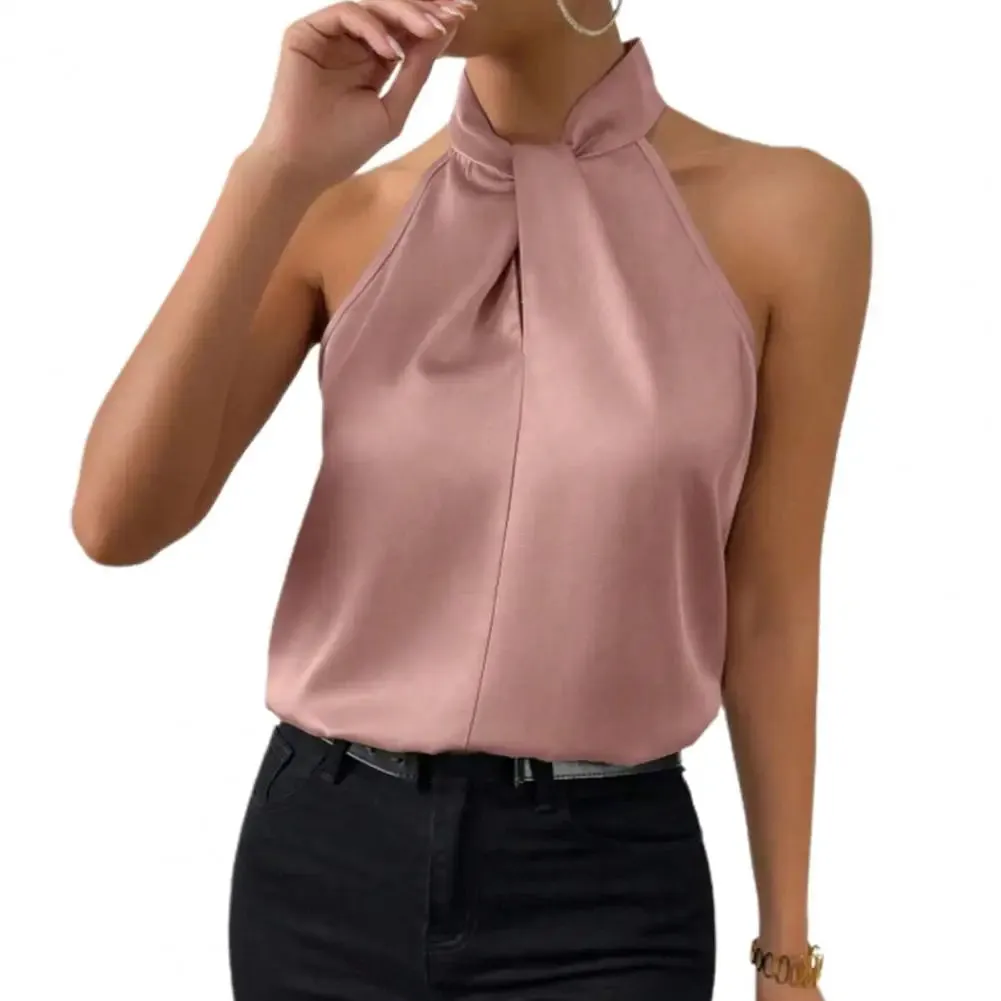 2024 Women's Tanks Top Camis Hanging Neck Strap Design Satin Gloss Loose Sleeveless Blouses Blusas Mujer Moda Black Sexy Shirt