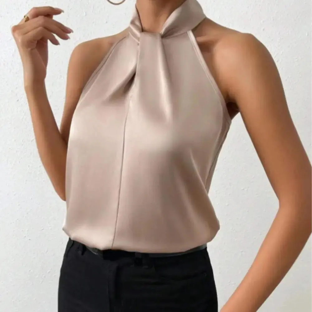 2024 Women's Tanks Top Camis Hanging Neck Strap Design Satin Gloss Loose Sleeveless Blouses Blusas Mujer Moda Black Sexy Shirt