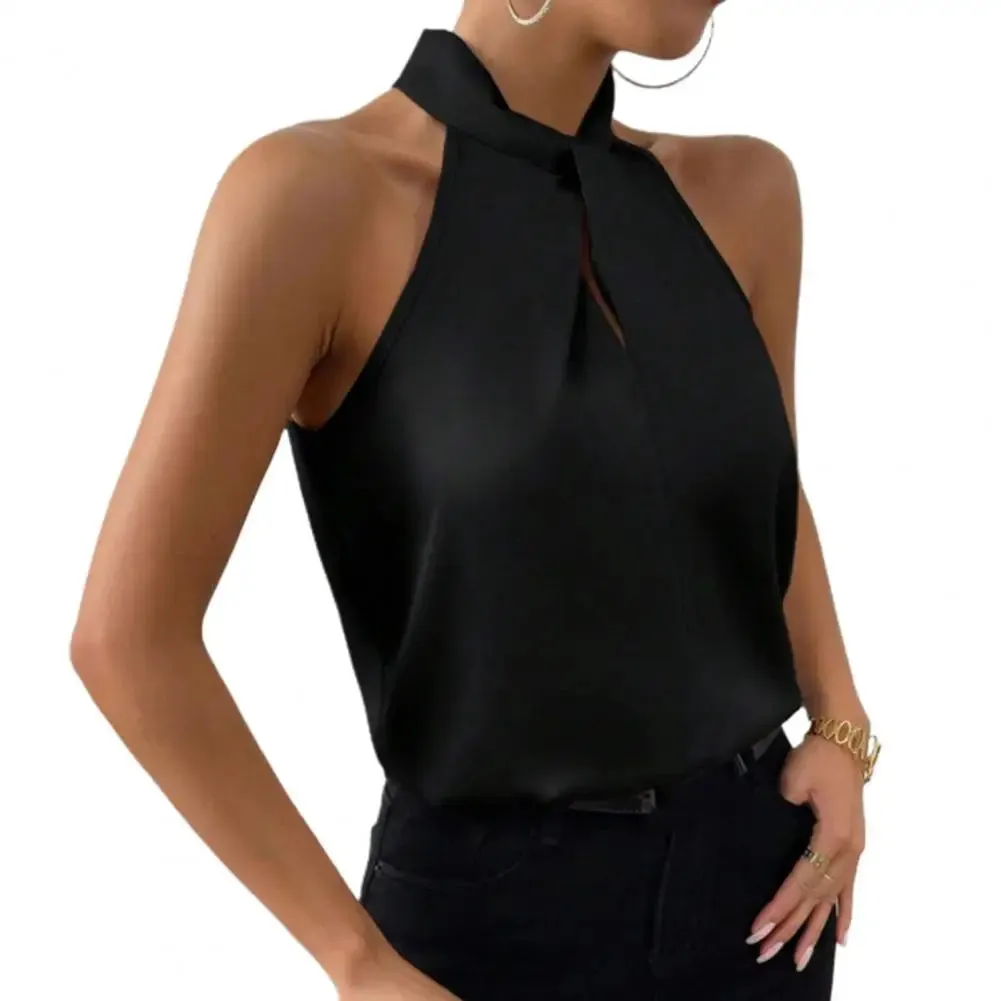2024 Women's Tanks Top Camis Hanging Neck Strap Design Satin Gloss Loose Sleeveless Blouses Blusas Mujer Moda Black Sexy Shirt