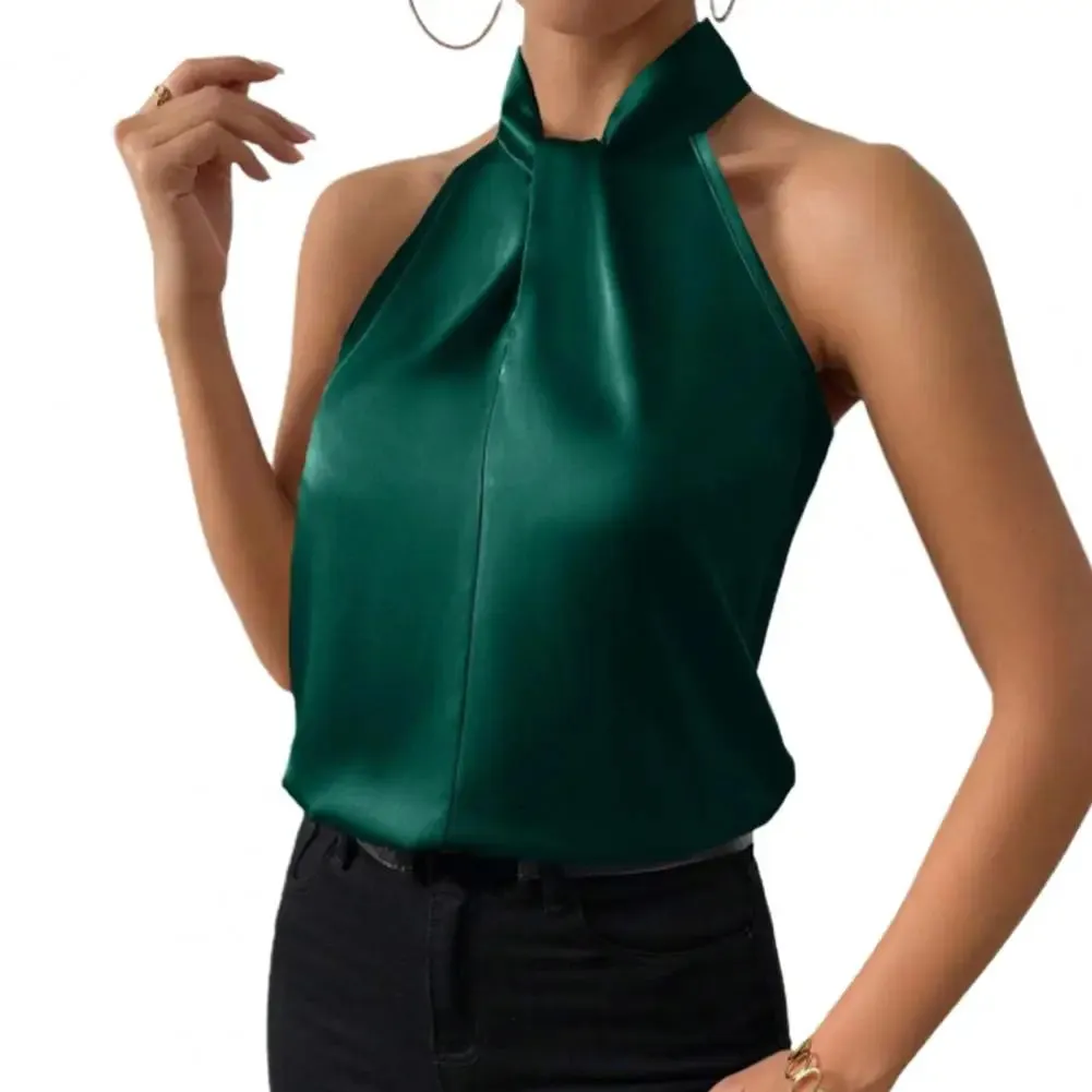 2024 Women's Tanks Top Camis Hanging Neck Strap Design Satin Gloss Loose Sleeveless Blouses Blusas Mujer Moda Black Sexy Shirt
