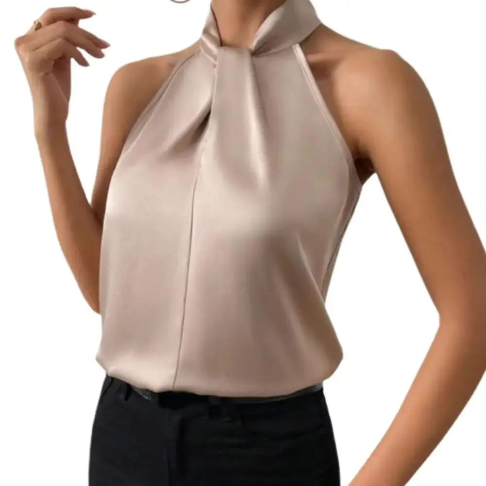 2024 Women's Tanks Top Camis Hanging Neck Strap Design Satin Gloss Loose Sleeveless Blouses Blusas Mujer Moda Black Sexy Shirt