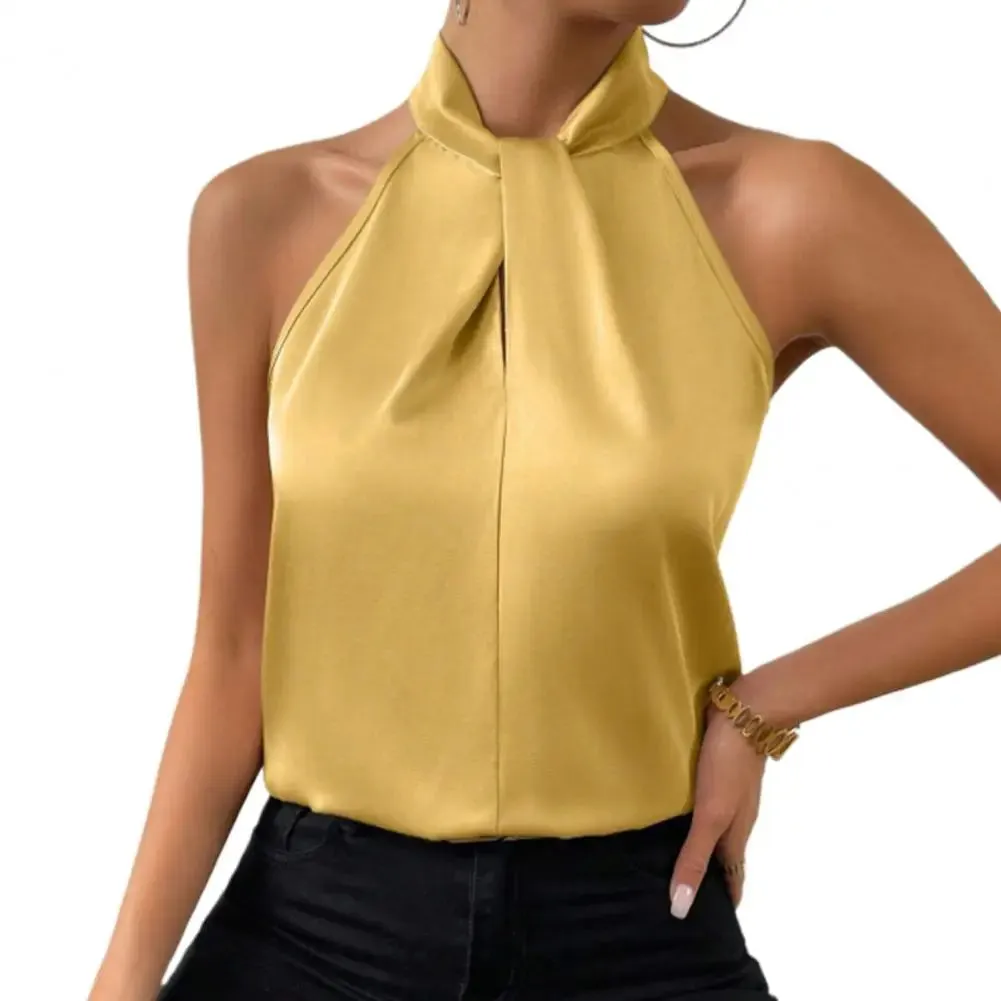 2024 Women's Tanks Top Camis Hanging Neck Strap Design Satin Gloss Loose Sleeveless Blouses Blusas Mujer Moda Black Sexy Shirt
