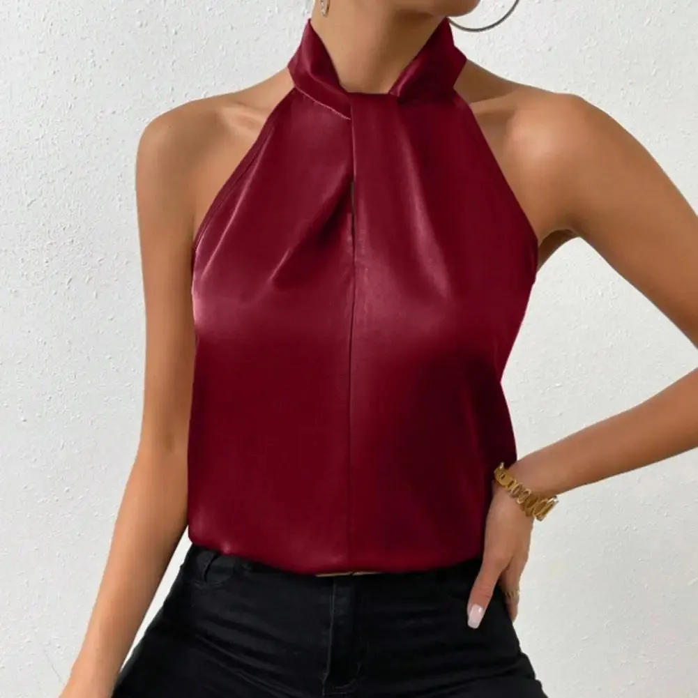 2024 Women's Tanks Top Camis Hanging Neck Strap Design Satin Gloss Loose Sleeveless Blouses Blusas Mujer Moda Black Sexy Shirt