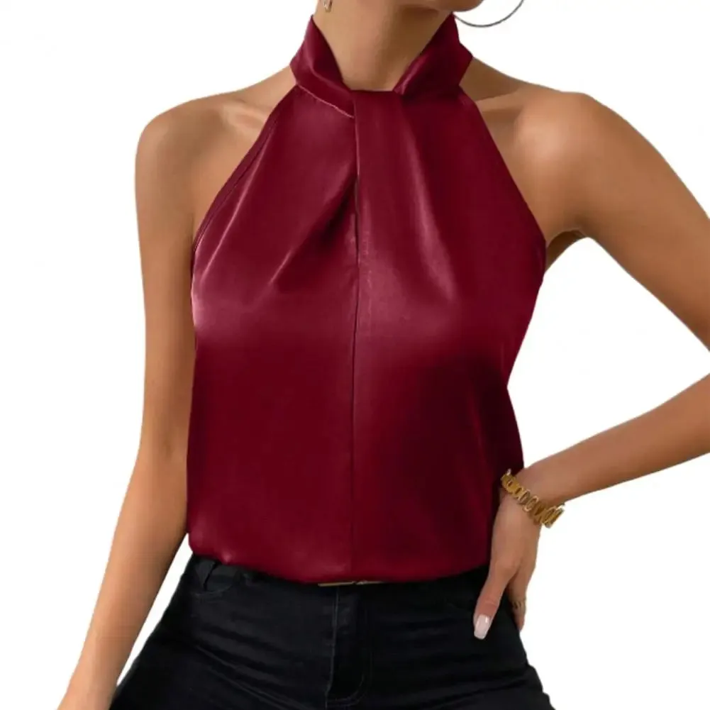 2024 Women's Tanks Top Camis Hanging Neck Strap Design Satin Gloss Loose Sleeveless Blouses Blusas Mujer Moda Black Sexy Shirt