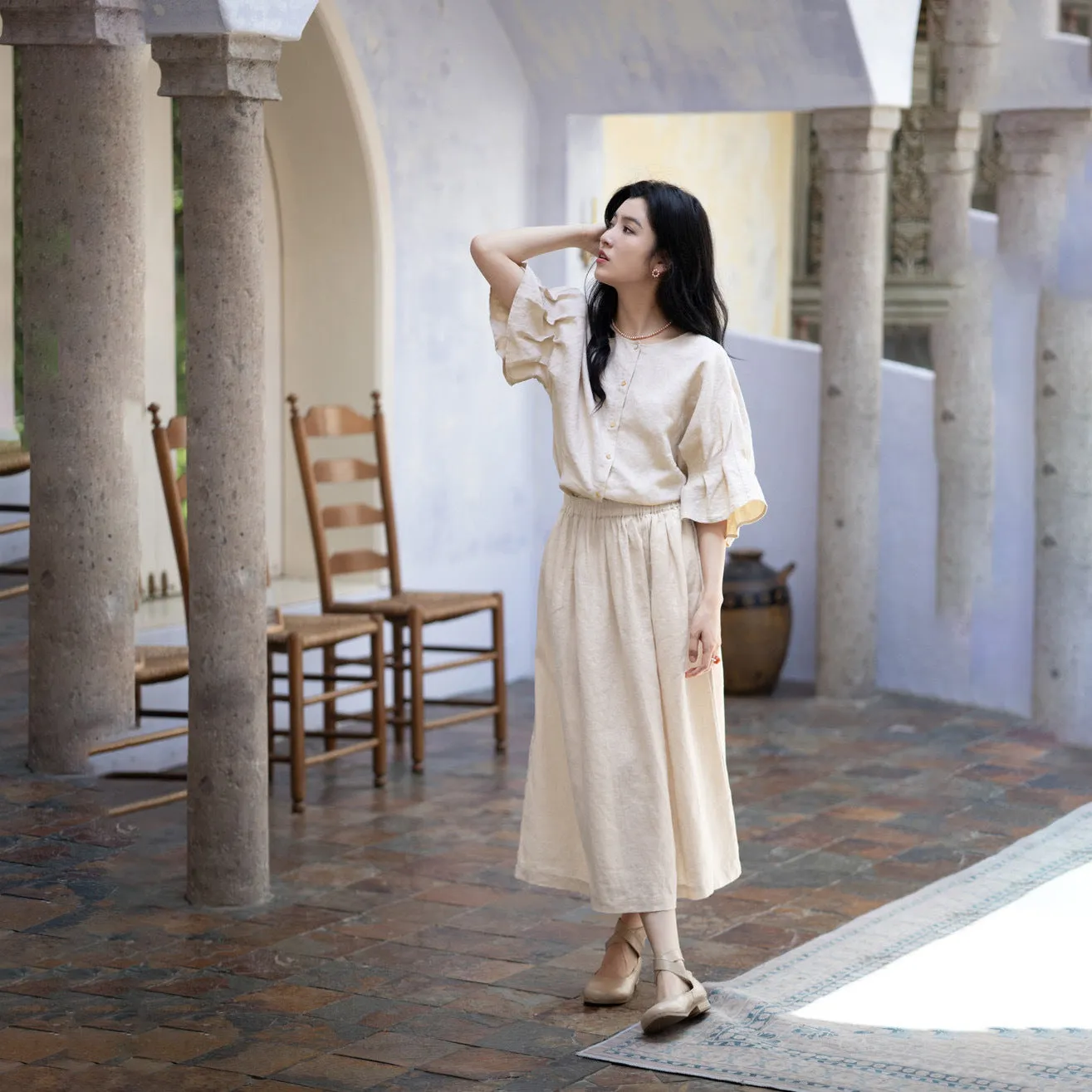 2025 Crew neck top flared sleeve linen shirt A0646 Japanese literary medium and long linen skirt A0645