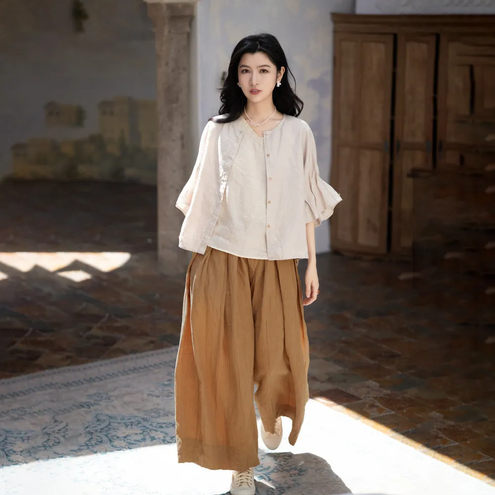 2025 Crew neck top flared sleeve linen shirt A0646 Japanese literary medium and long linen skirt A0645