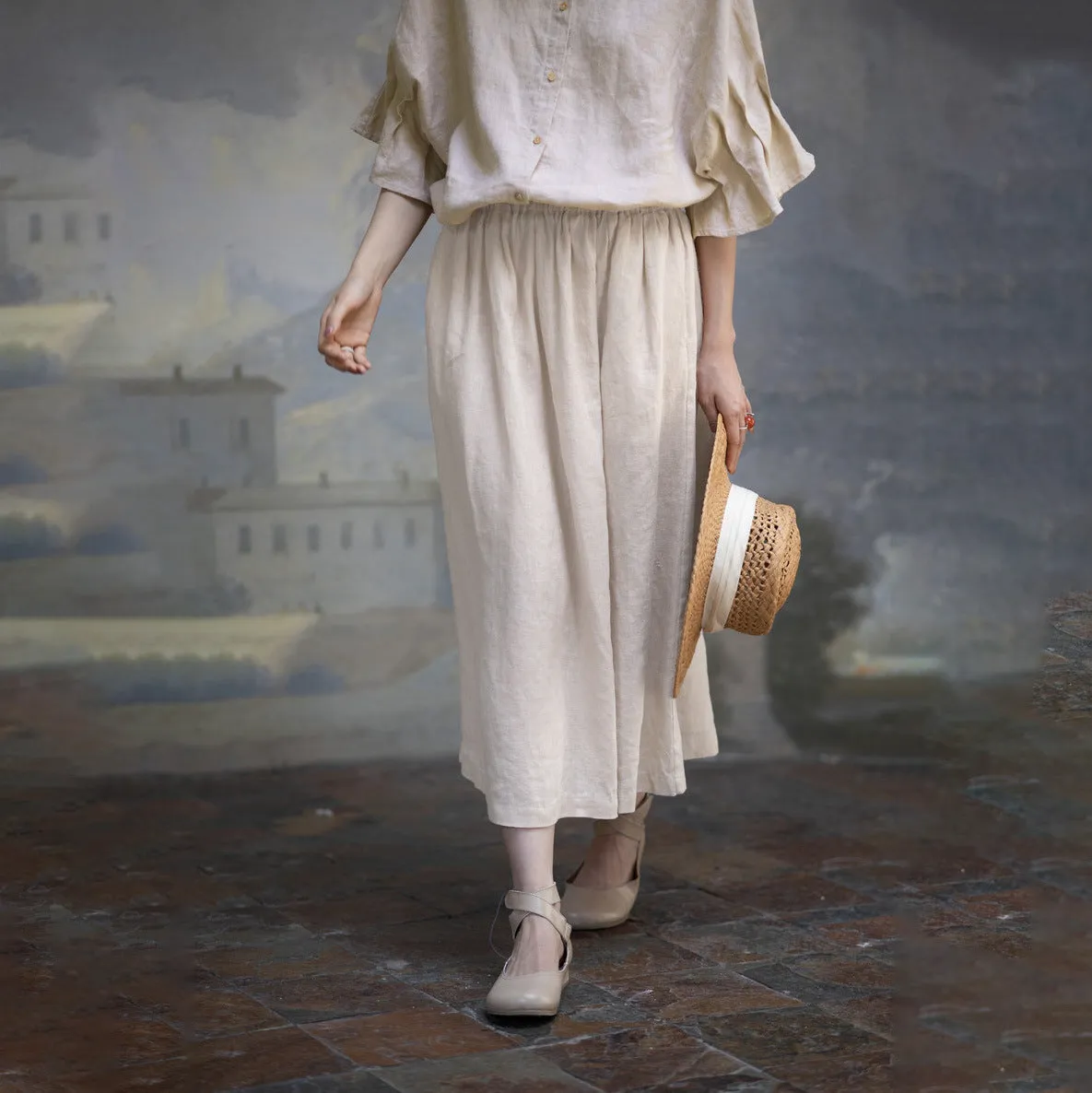 2025 Crew neck top flared sleeve linen shirt A0646 Japanese literary medium and long linen skirt A0645