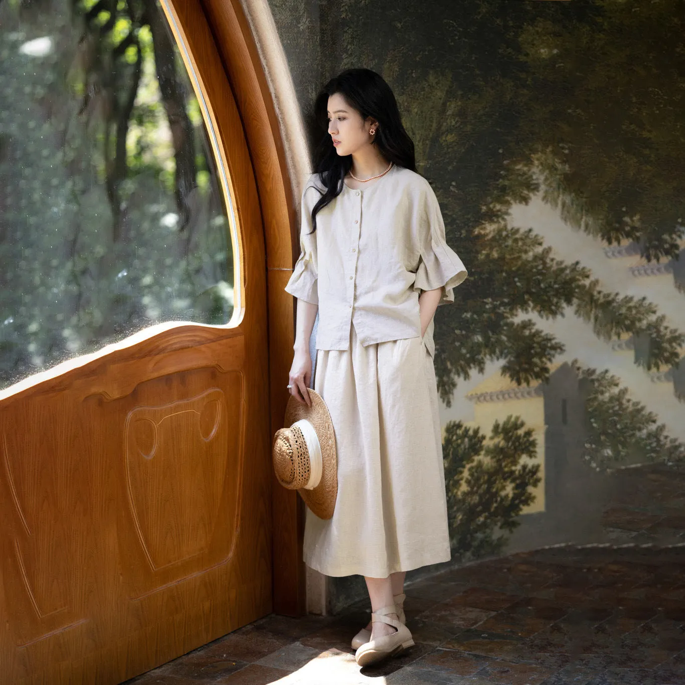 2025 Crew neck top flared sleeve linen shirt A0646 Japanese literary medium and long linen skirt A0645