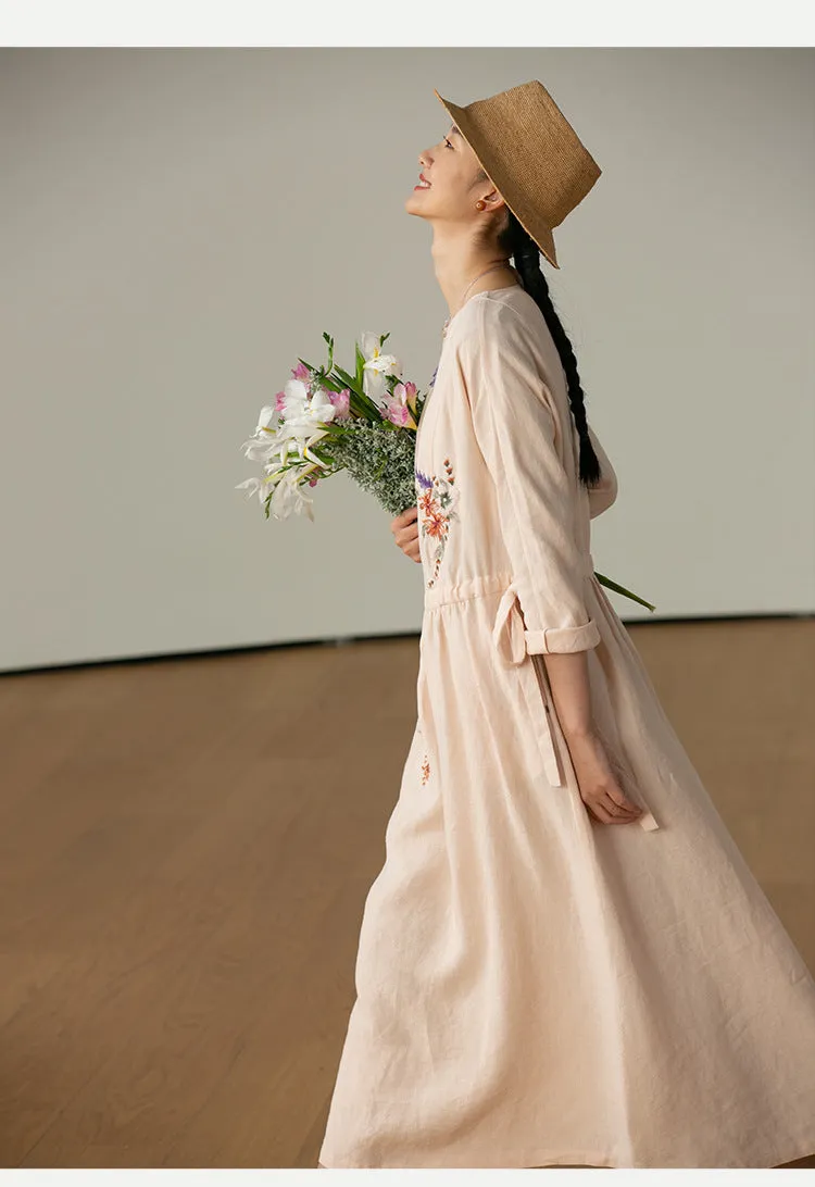 2025 Hangzhou Youshan embroidered linen dress women's new comfortable, light and loose casual long dress spring A0309