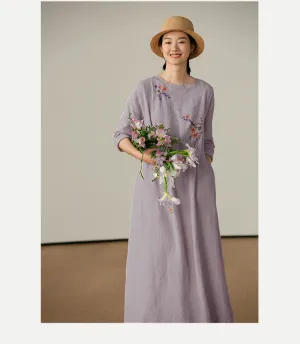 2025 Hangzhou Youshan embroidered linen dress women's new comfortable, light and loose casual long dress spring A0309