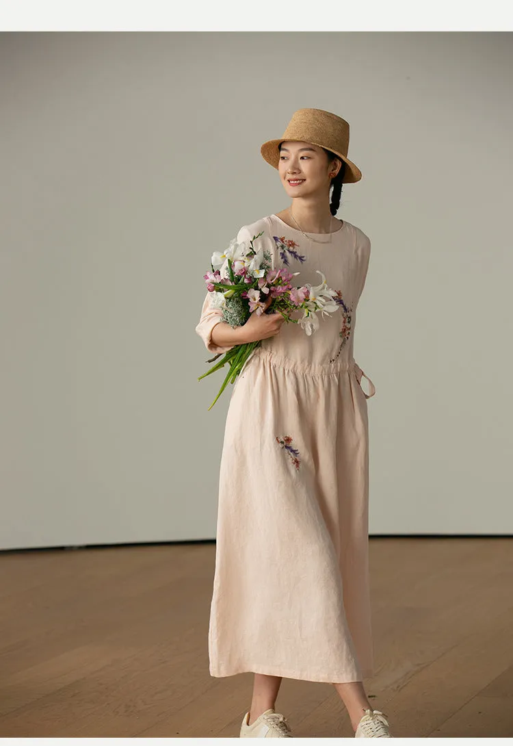 2025 Hangzhou Youshan embroidered linen dress women's new comfortable, light and loose casual long dress spring A0309