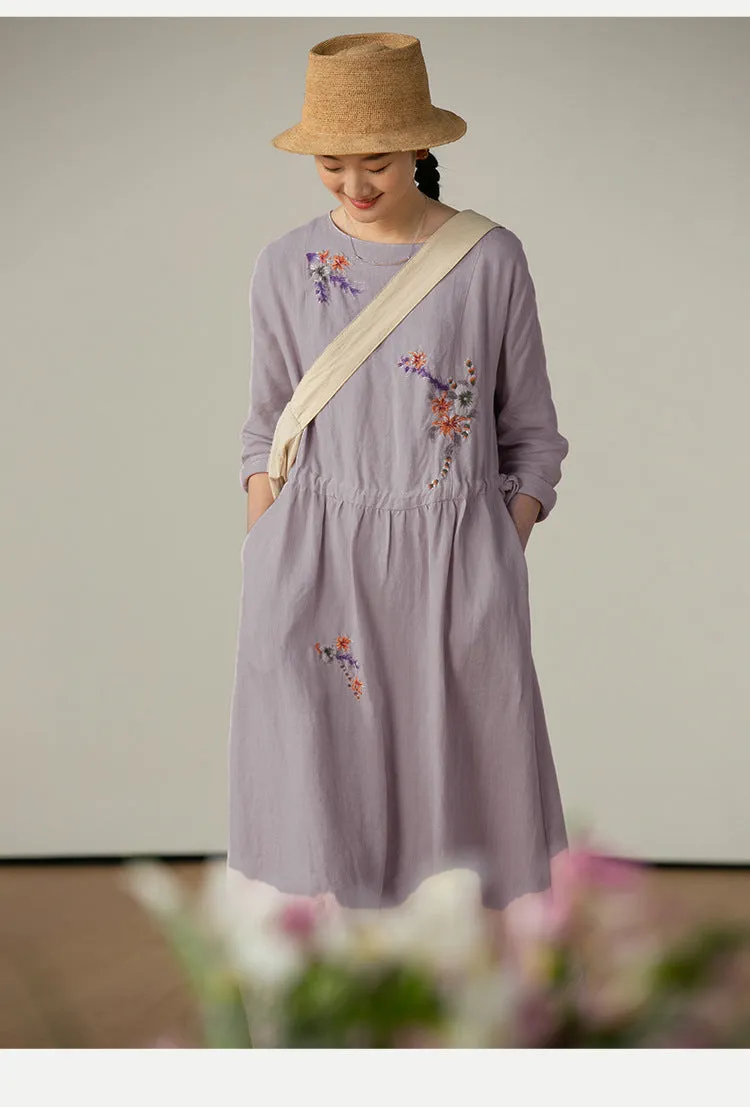 2025 Hangzhou Youshan embroidered linen dress women's new comfortable, light and loose casual long dress spring A0309