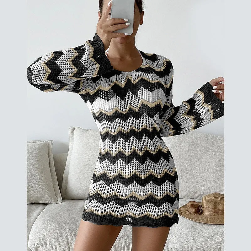2025 new knitted skirt women, color matching striped halter strap sexy hip dress short skirt women