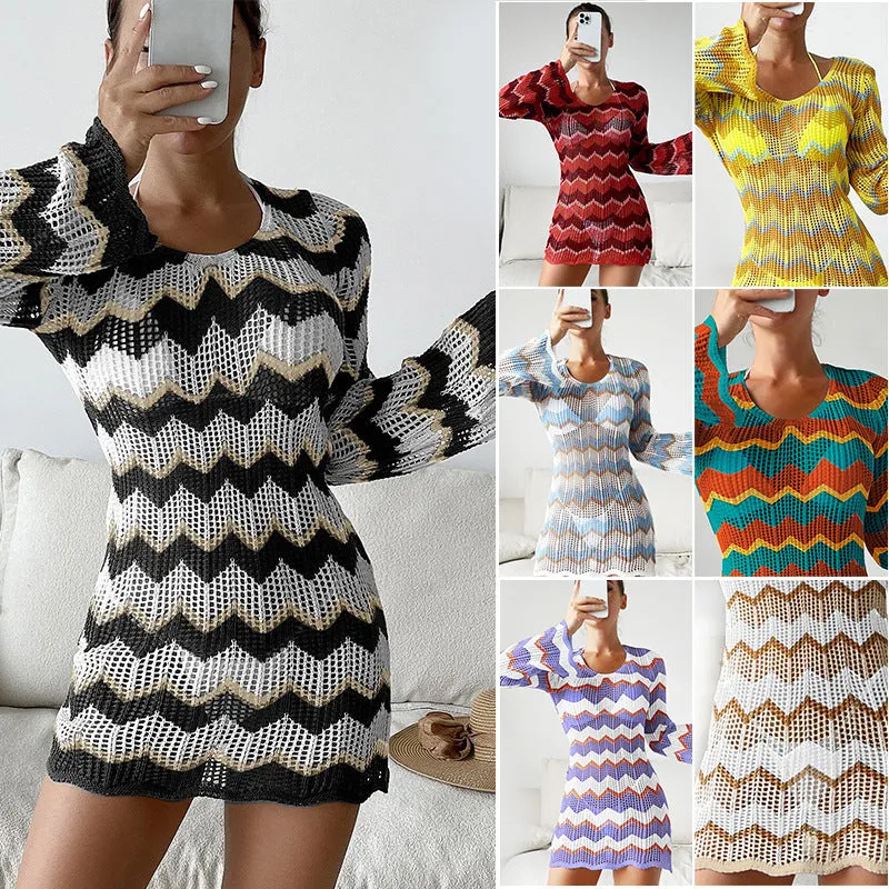 2025 new knitted skirt women, color matching striped halter strap sexy hip dress short skirt women