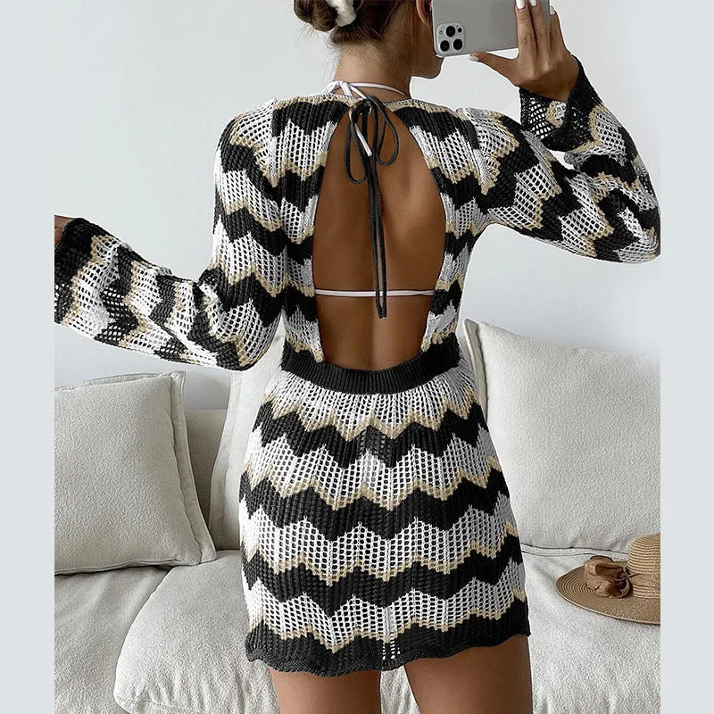 2025 new knitted skirt women, color matching striped halter strap sexy hip dress short skirt women
