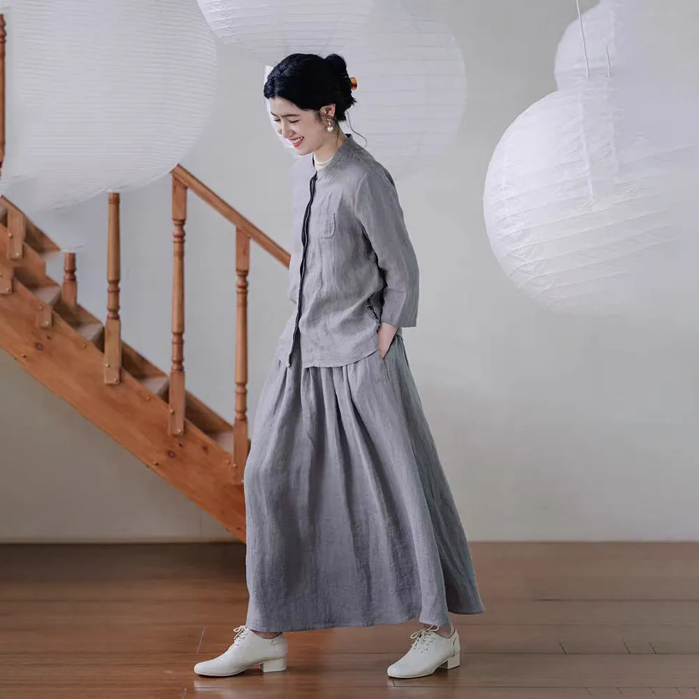 2025 Spot popular spring and summer casual suit, sand washed linen gray shirt 230117 women's long skirt 230118