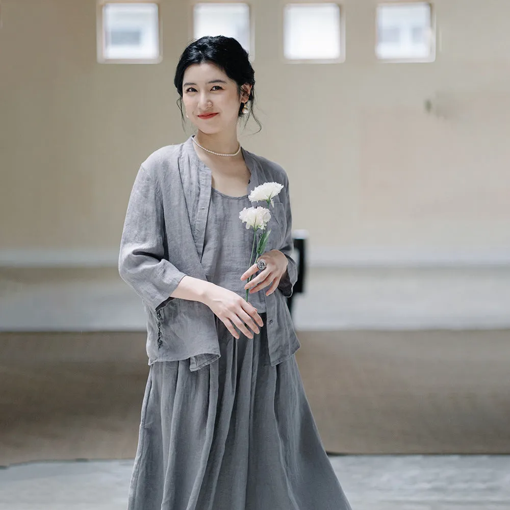 2025 Spot popular spring and summer casual suit, sand washed linen gray shirt 230117 women's long skirt 230118