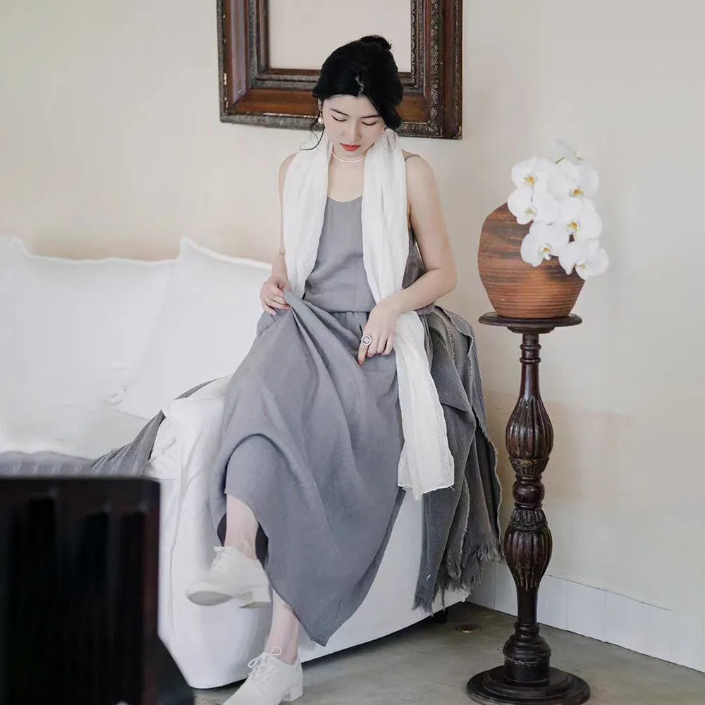 2025 Spot popular spring and summer casual suit, sand washed linen gray shirt 230117 women's long skirt 230118