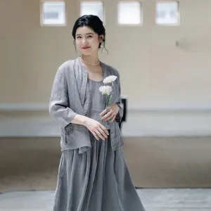 2025 Spot popular spring and summer casual suit, sand washed linen gray shirt 230117 women's long skirt 230118