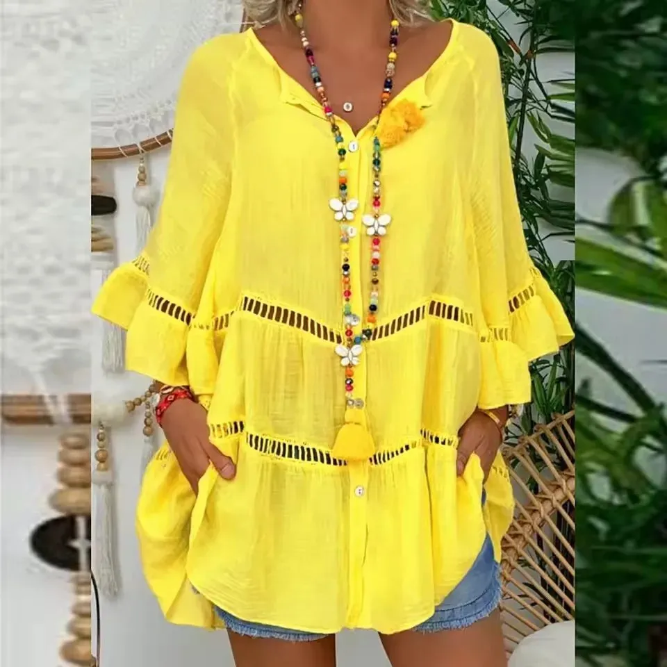 2025 Summer Loose Casual Women's Tops And Blouses Three Quarter Sleeve Cotton Linen Shirts Button Hollow Over Size Long Top