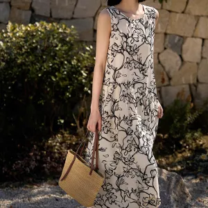 2025 Tencel linen vest long skirt high-end ink and wash loose dress sleeveless suspender skirt summer vacation style women's clothing