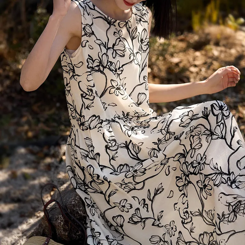 2025 Tencel linen vest long skirt high-end ink and wash loose dress sleeveless suspender skirt summer vacation style women's clothing