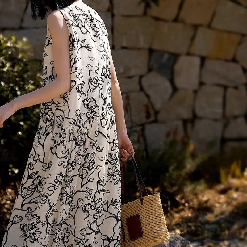2025 Tencel linen vest long skirt high-end ink and wash loose dress sleeveless suspender skirt summer vacation style women's clothing