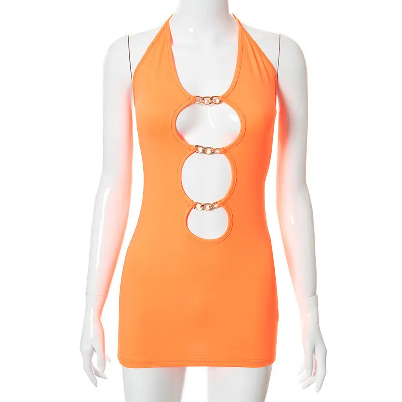 2025 X21DS240  women's clothing summer new solid color casual neck strap metal hollow backless short dress