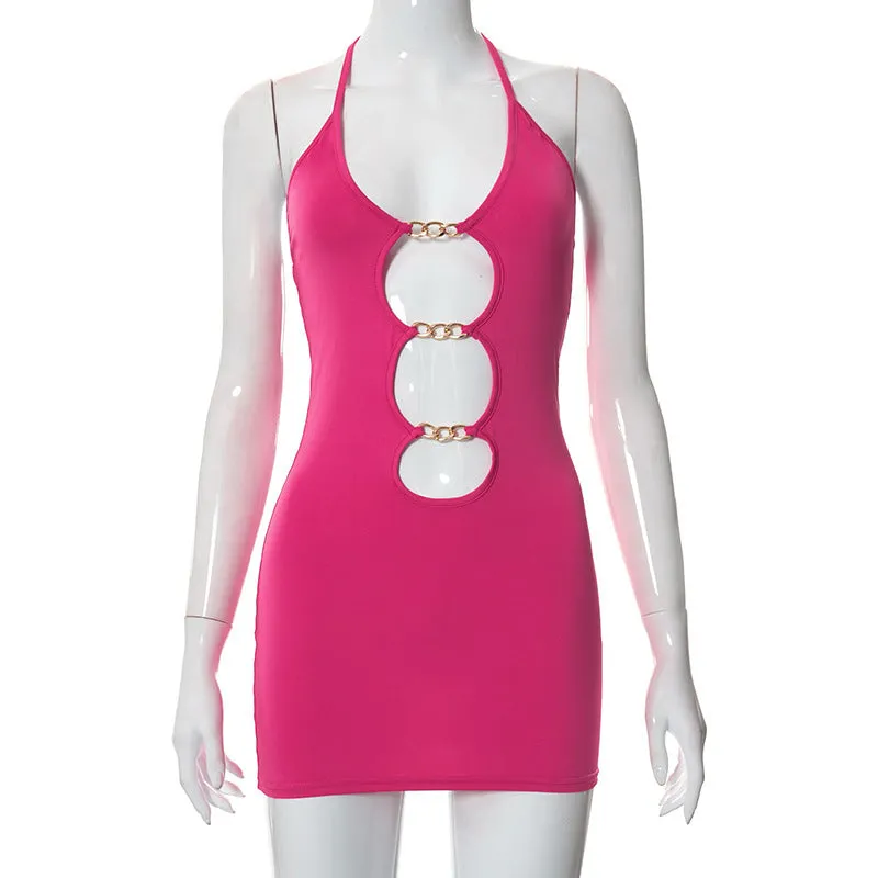 2025 X21DS240  women's clothing summer new solid color casual neck strap metal hollow backless short dress