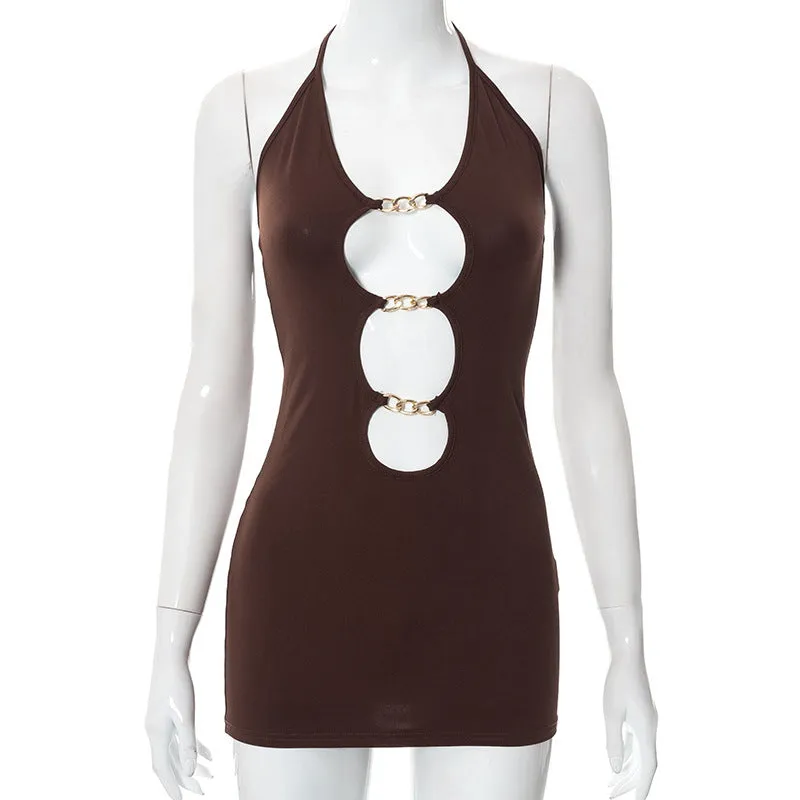 2025 X21DS240  women's clothing summer new solid color casual neck strap metal hollow backless short dress
