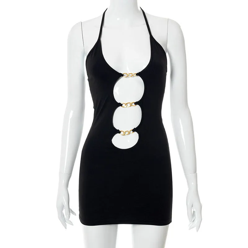 2025 X21DS240  women's clothing summer new solid color casual neck strap metal hollow backless short dress