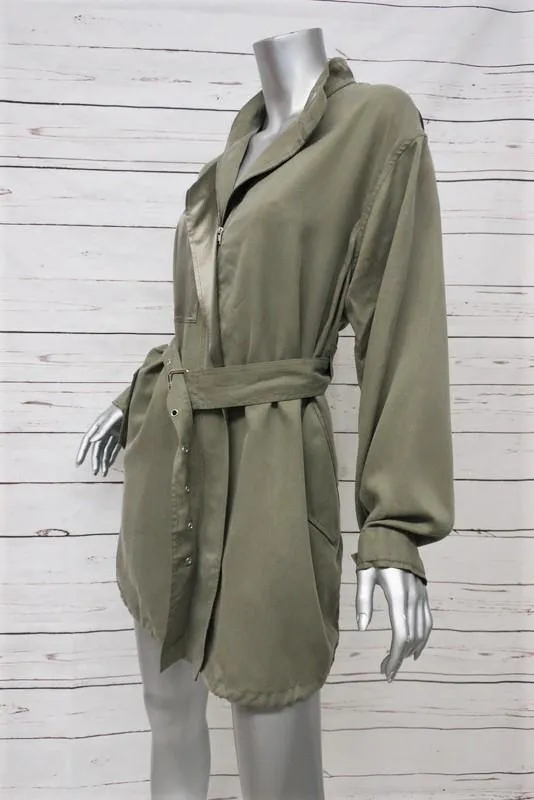 3.1 Phillip Lim Jacket Olive Satin-Paneled Twill Size Extra Small Belted Coat