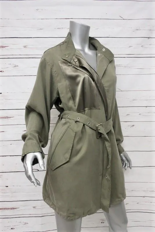 3.1 Phillip Lim Jacket Olive Satin-Paneled Twill Size Extra Small Belted Coat