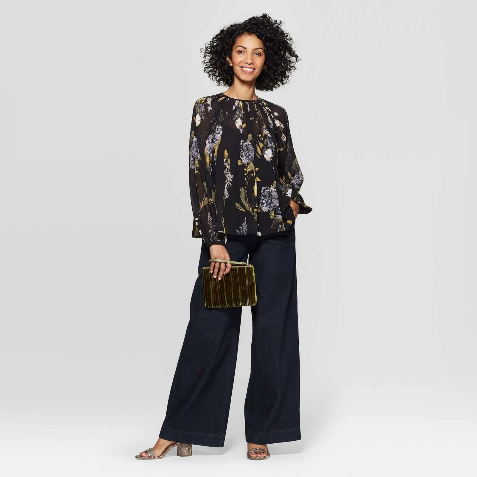 A New Day Women's Floral Print Regular Fit Long Sleeve Crewneck Pleated Blouse