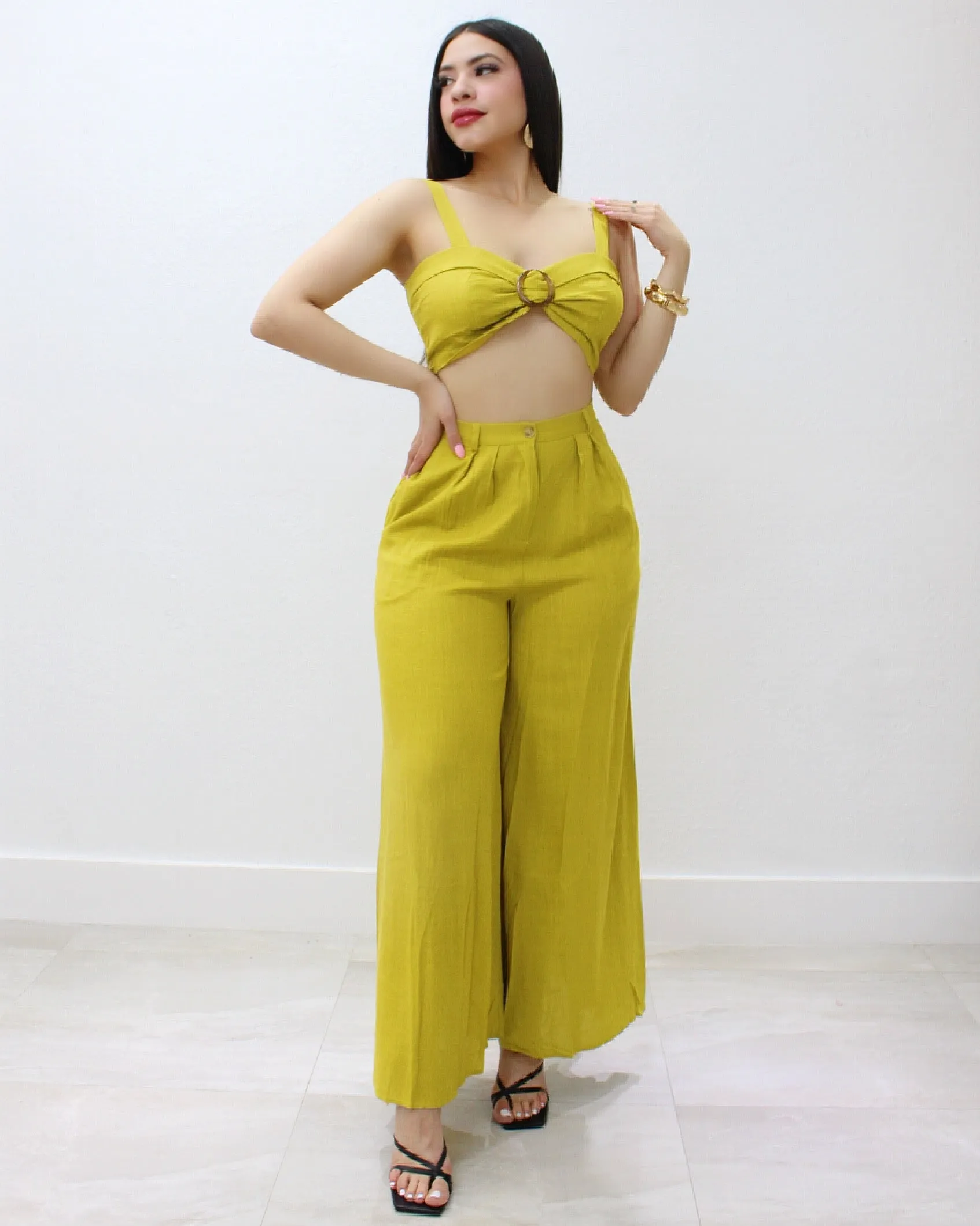 A Side Of  Me  Linen Pant  Set Lime