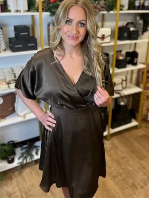 Adele Brown Surplice Back Tie Pleated Satin Dress/Tunic