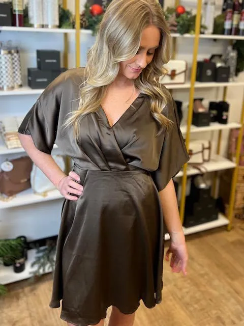 Adele Brown Surplice Back Tie Pleated Satin Dress/Tunic