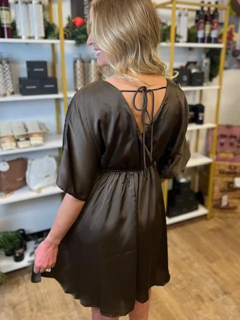 Adele Brown Surplice Back Tie Pleated Satin Dress/Tunic