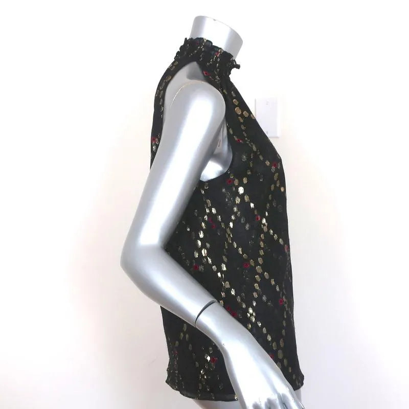 A.L.C. Smocked Neck Top Black Metallic Printed Silk Size 2 Sleeveless Blouse