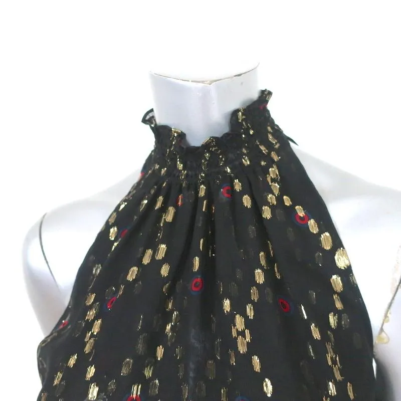 A.L.C. Smocked Neck Top Black Metallic Printed Silk Size 2 Sleeveless Blouse