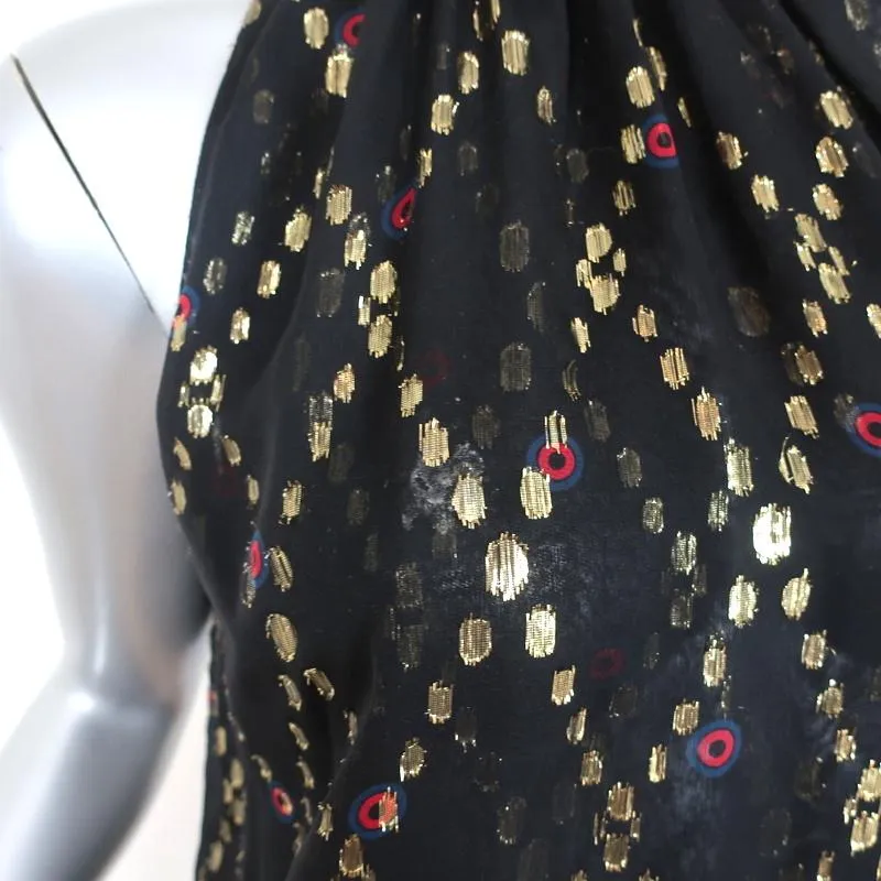 A.L.C. Smocked Neck Top Black Metallic Printed Silk Size 2 Sleeveless Blouse